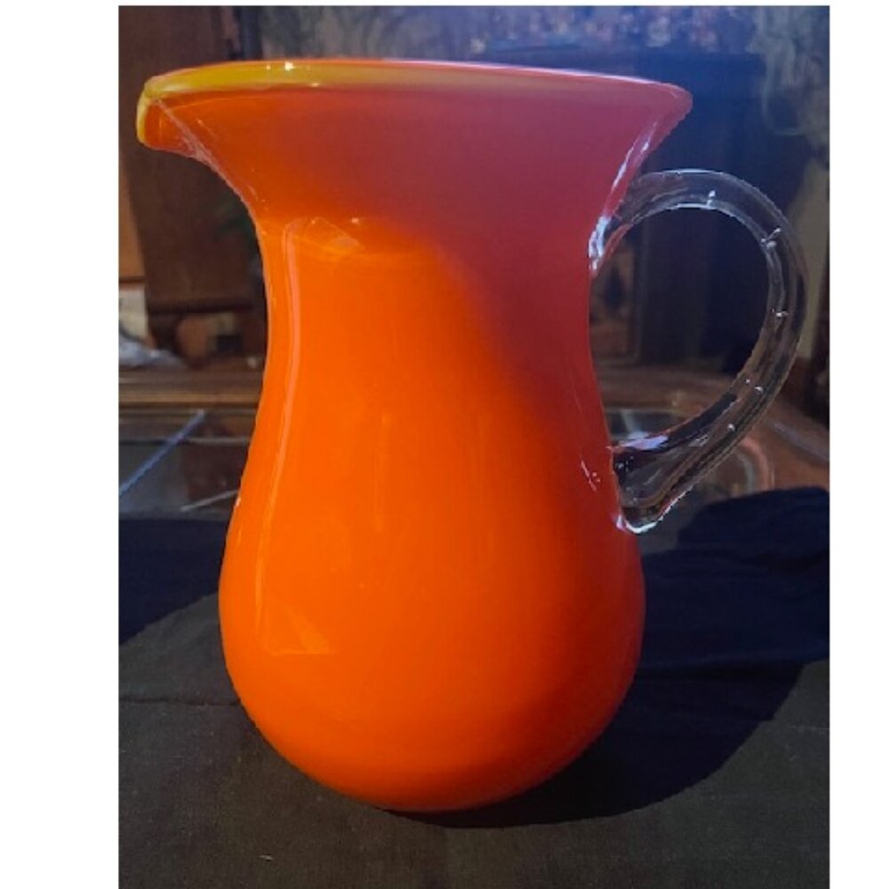 Vintage Glass Pitcher Hand Blown Orange with Clear Handle - Picture 2 of 4